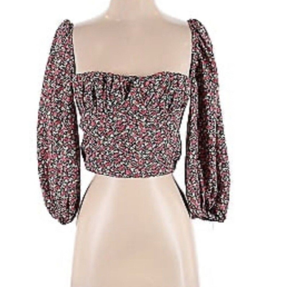 Et Clet Pink Crop Top Black White Floral Tie Back Cottagecore Boho Peasant Sz M